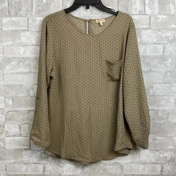 Lily White tan & navy polka dot shirt top blouse - Picture 3 of 10